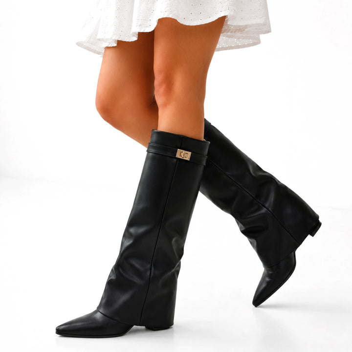 Women's Vegan Leather Knee High Boots Pointed Toe Gold-Tone Detail - Black