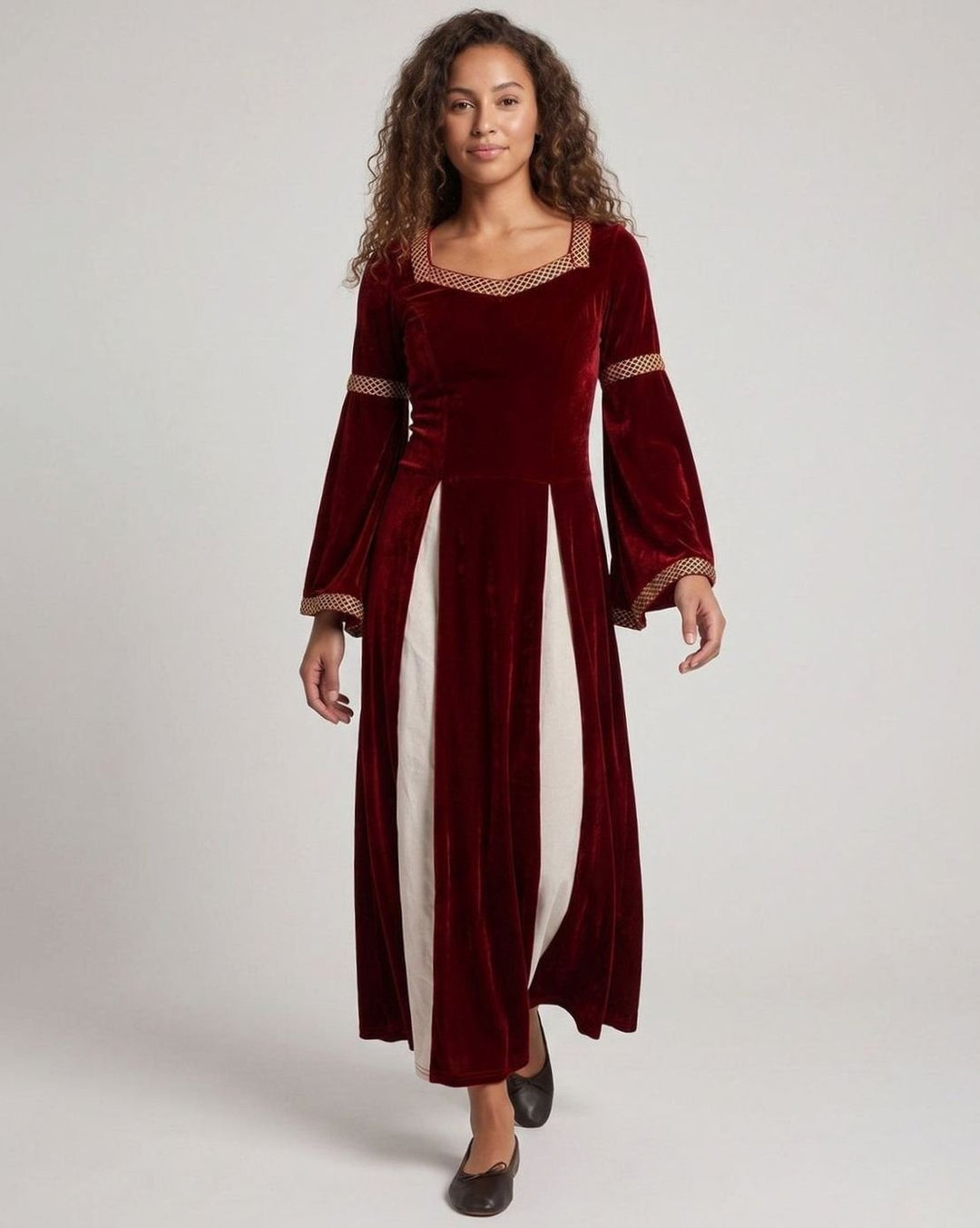 Women's Velvet Defined-Waist Flared-Sleeve Medieval Maxi Dress