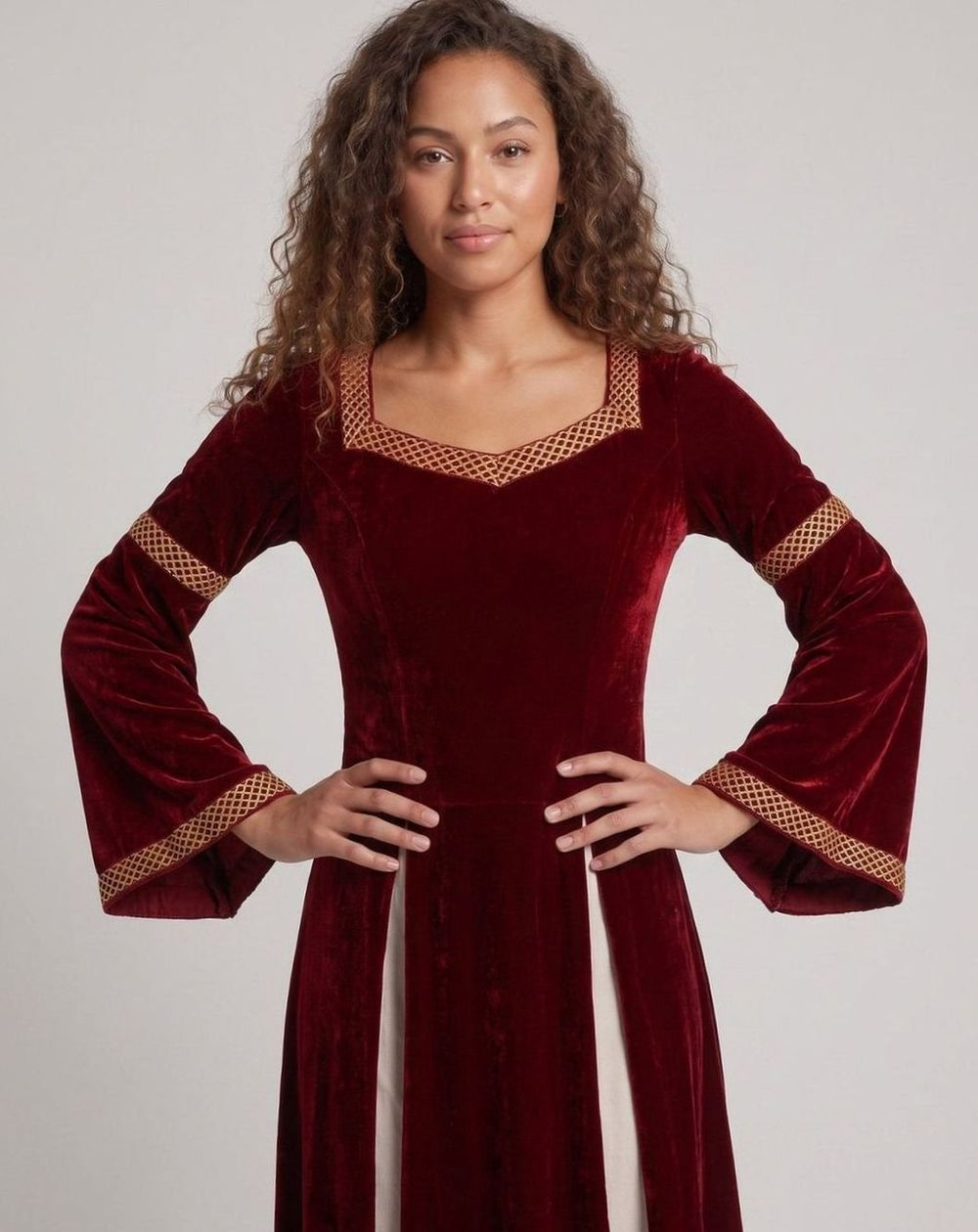 Women's Velvet Defined-Waist Flared-Sleeve Medieval Maxi Dress