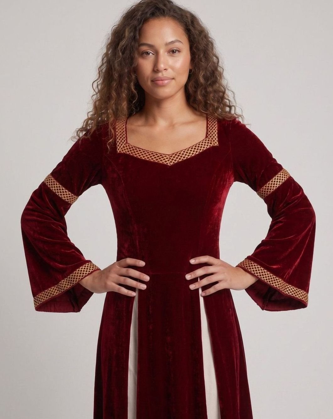 Women's Velvet Defined-Waist Flared-Sleeve Medieval Maxi Dress
