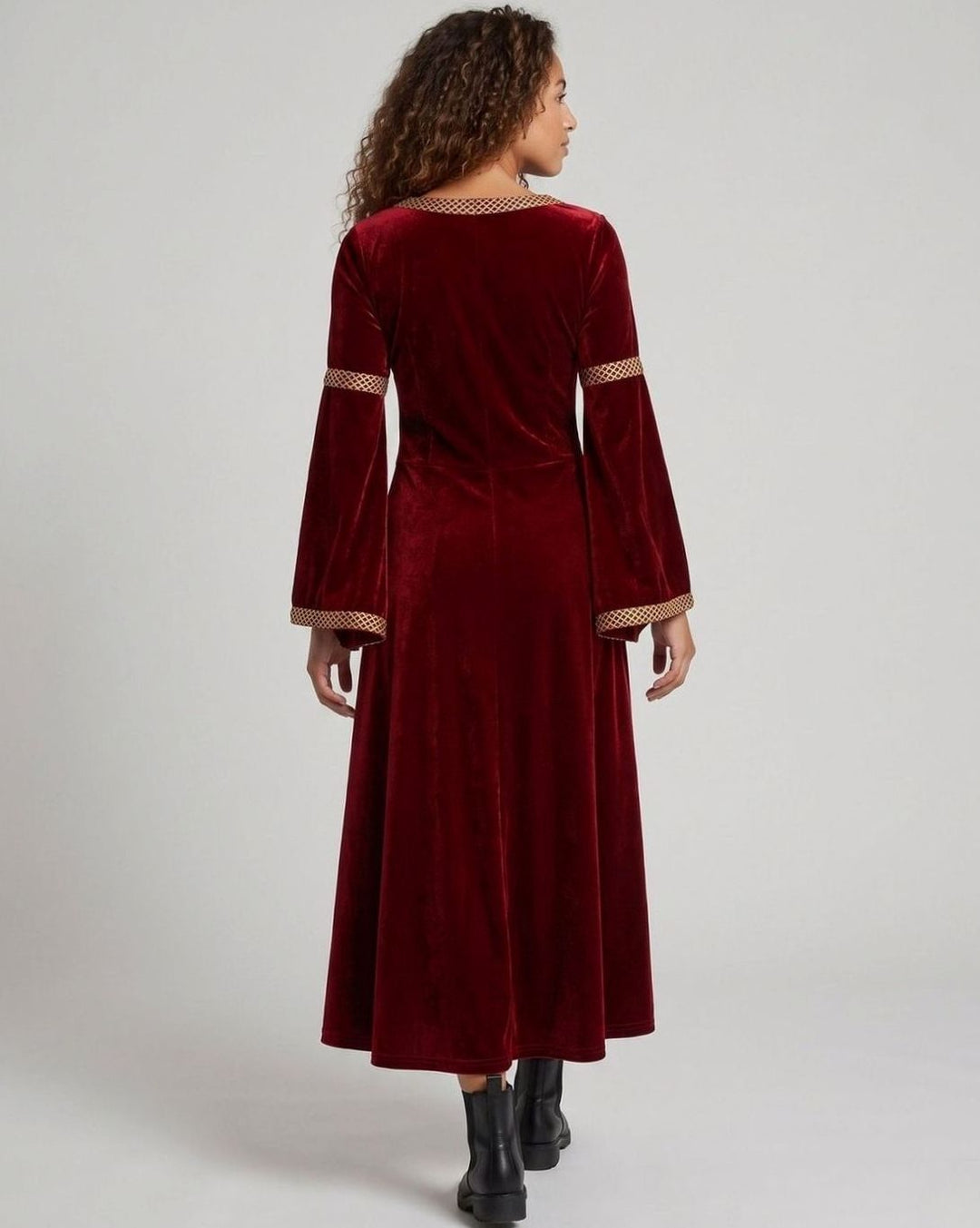 Women's Velvet Defined-Waist Flared-Sleeve Medieval Maxi Dress