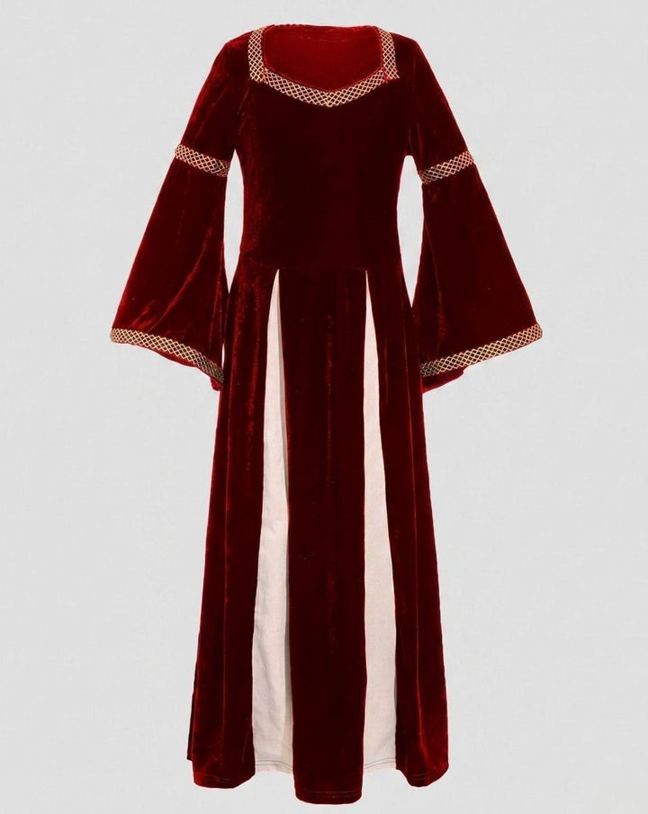 Women's Velvet Defined-Waist Flared-Sleeve Medieval Maxi Dress - Wine Red