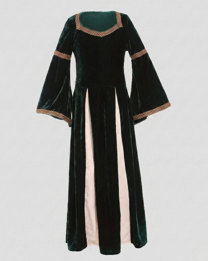 Women's Velvet Defined-Waist Flared-Sleeve Medieval Maxi Dress - Dark Green