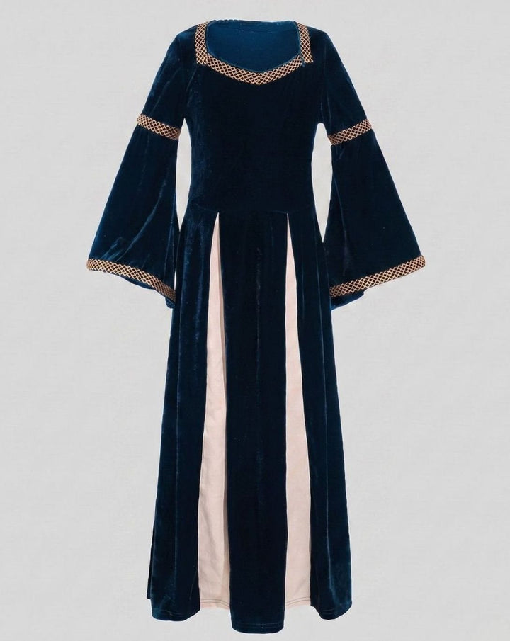 Women's Velvet Defined-Waist Flared-Sleeve Medieval Maxi Dress - Dark Blue