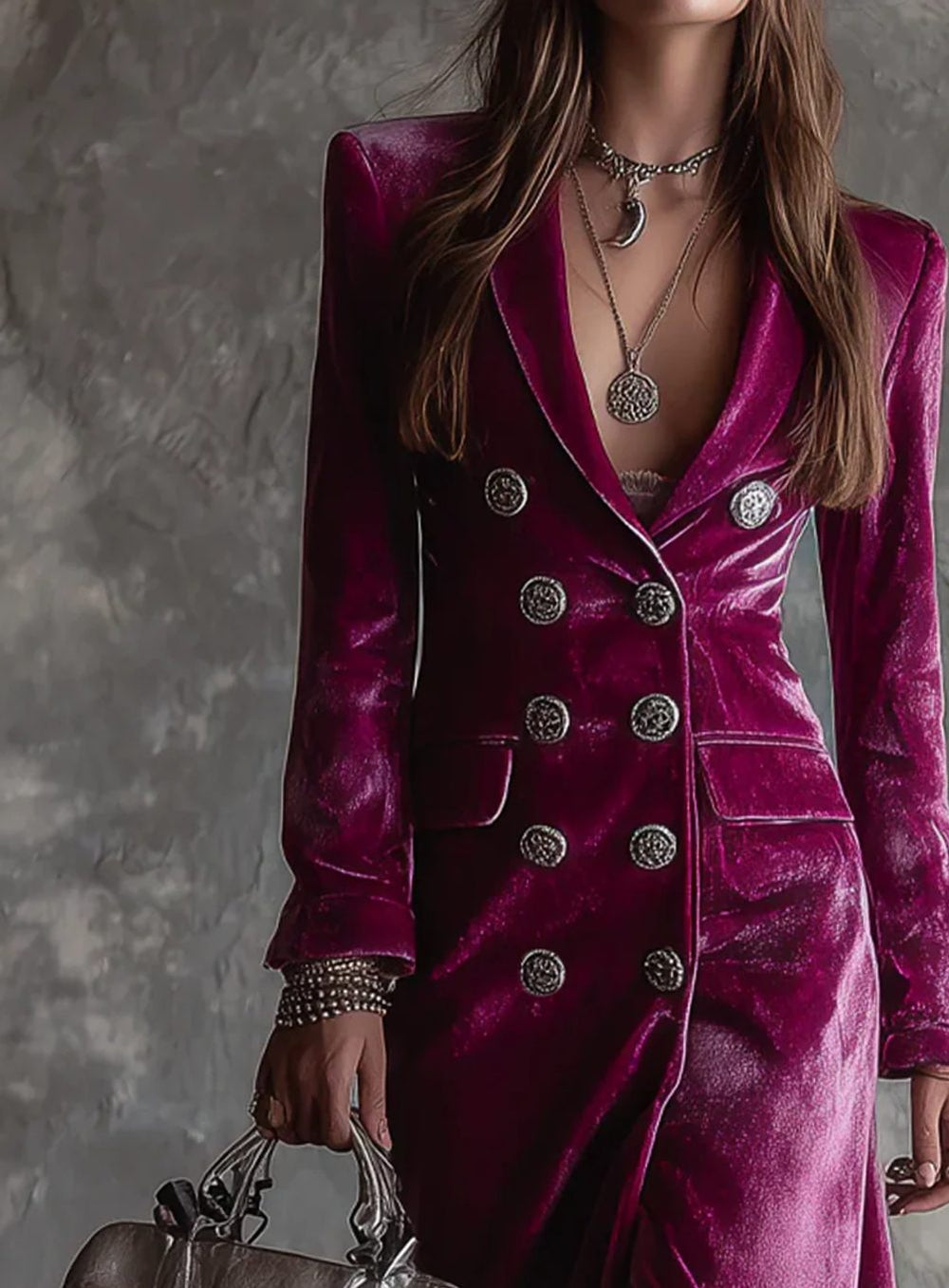Women's Velvet Double-Breasted Blazer Midi Dress