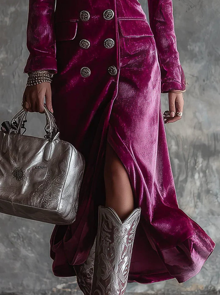 Women's Velvet Double-Breasted Blazer Midi Dress