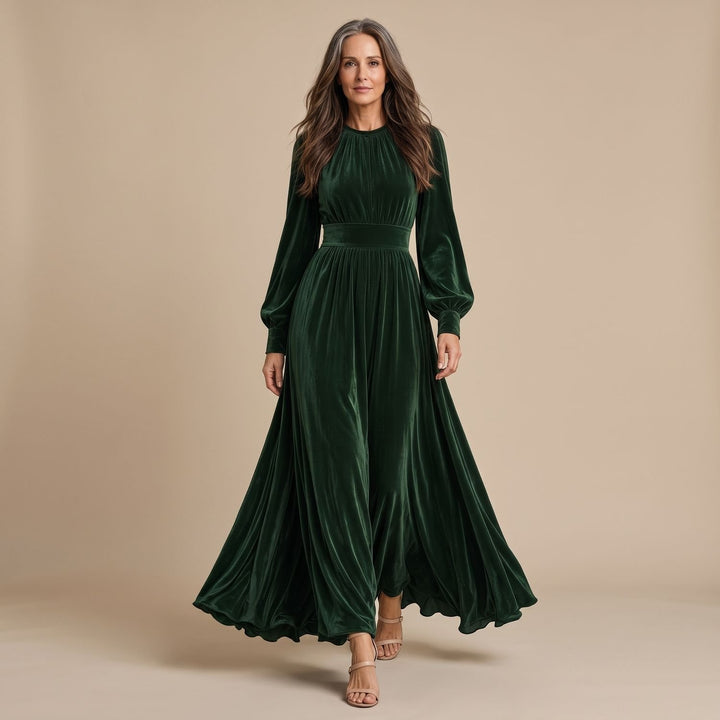 Women's Velvet Long-Sleeve Maxi Christmas Party Dress - Green
