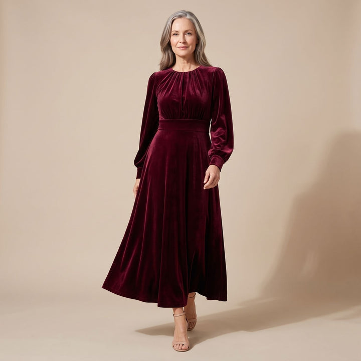 Women's Velvet Long-Sleeve Maxi Christmas Party Dress - Red