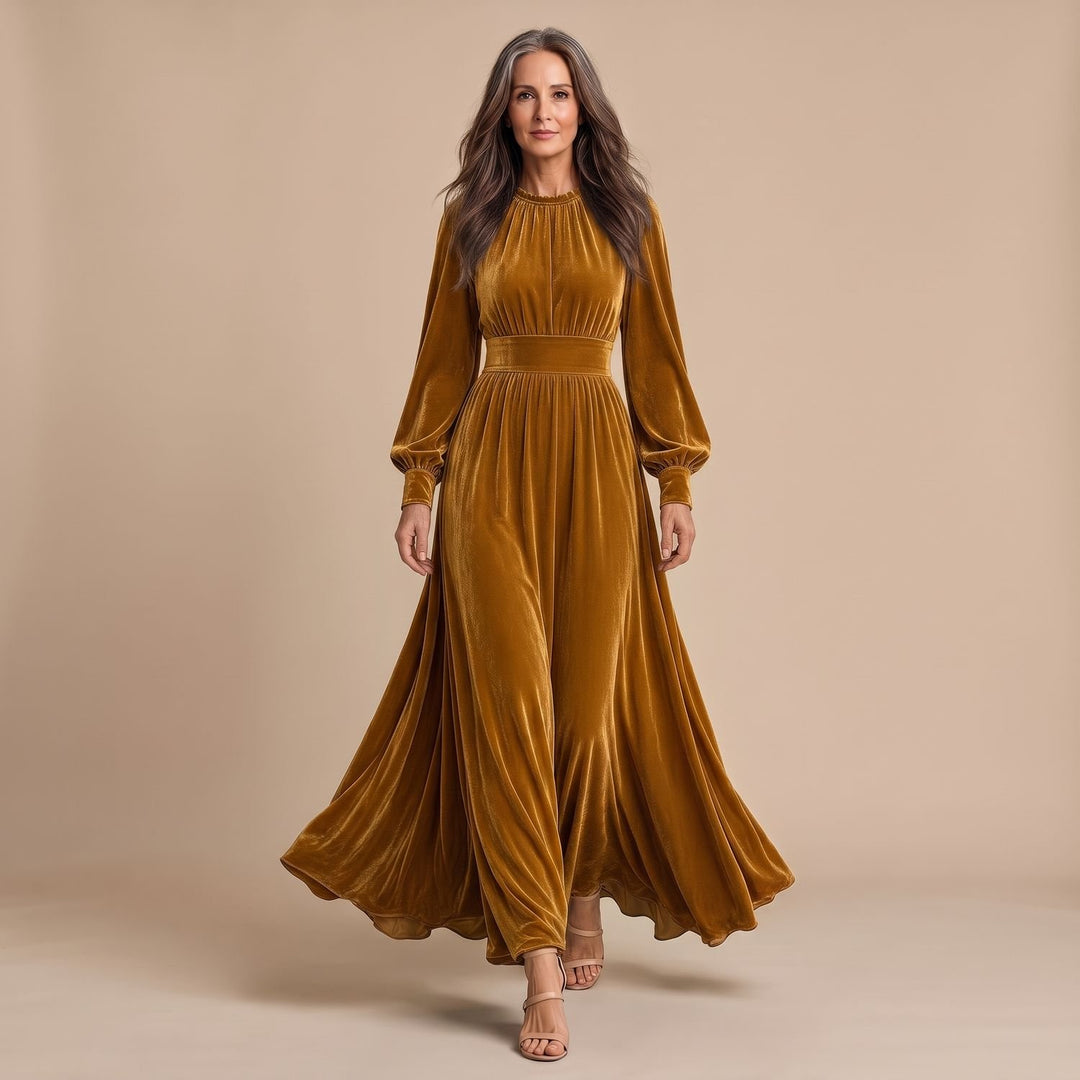 Women's Velvet Long-Sleeve Maxi Christmas Party Dress - Yellow