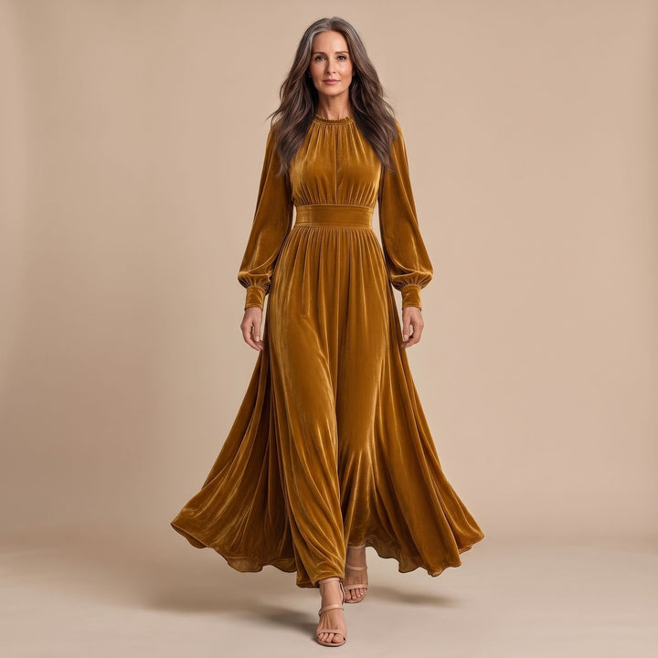 Women's Velvet Long-Sleeve Maxi Christmas Party Dress - Yellow