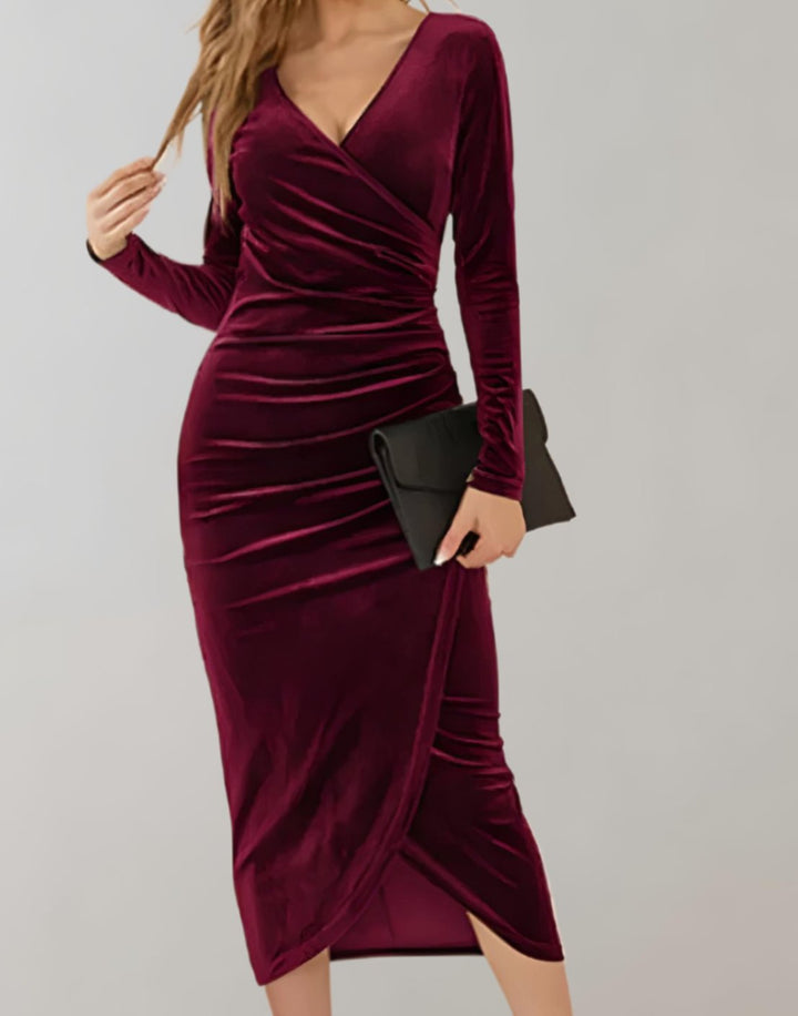 Women's Velvet Long-Sleeve Ruched Wrap Cocktail Dress - Red