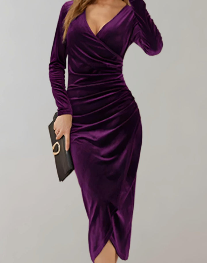 Women's Velvet Long-Sleeve Ruched Wrap Cocktail Dress