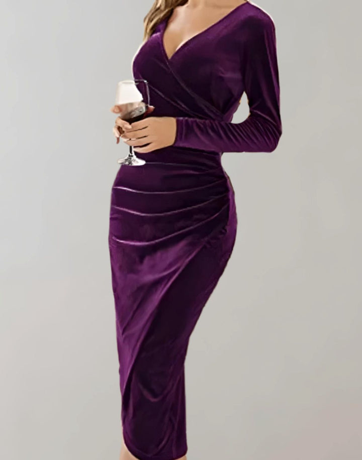 Women's Velvet Long-Sleeve Ruched Wrap Cocktail Dress - Purple