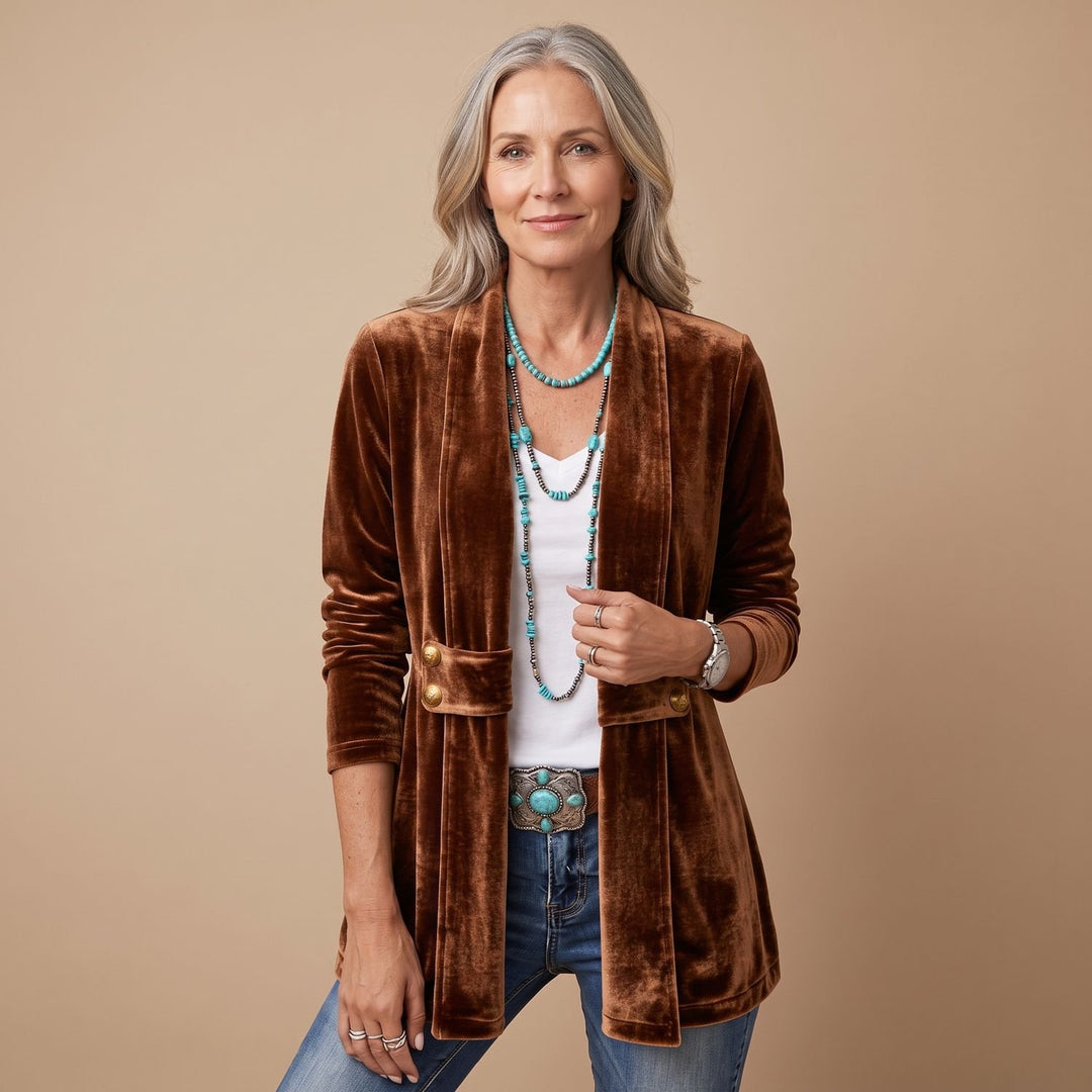 Women's Velvet Open-Front Long Sleeve Button-Tab Blazer Jacket - Dark Brown