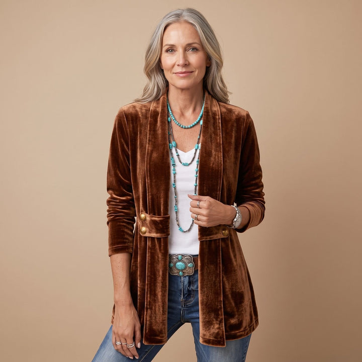 Women's Velvet Open-Front Long Sleeve Button-Tab Blazer Jacket - Dark Brown
