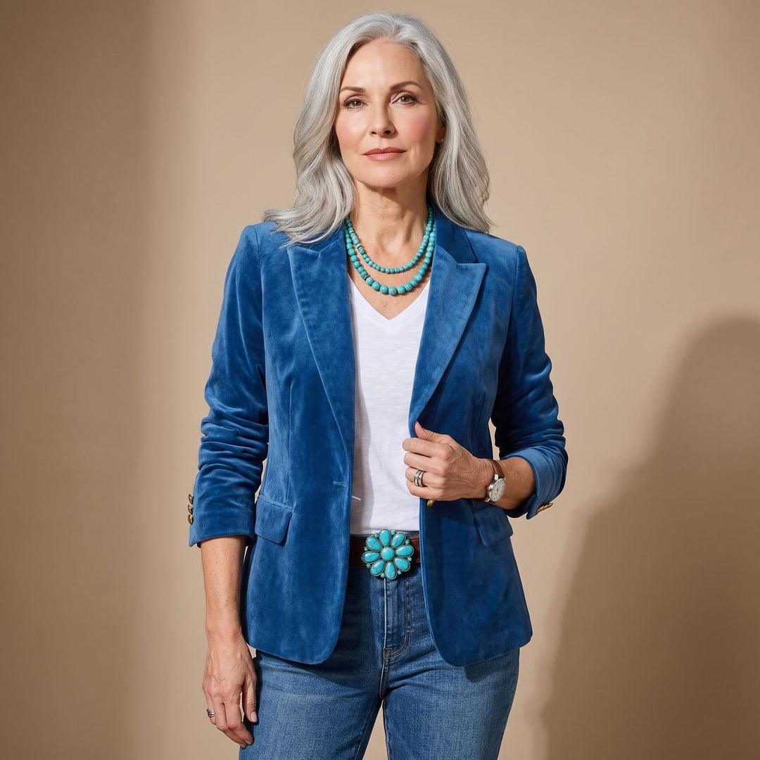 Women's Velvet Open-Front Long Sleeve Button-Tab Blazer Jacket - Royal Blue