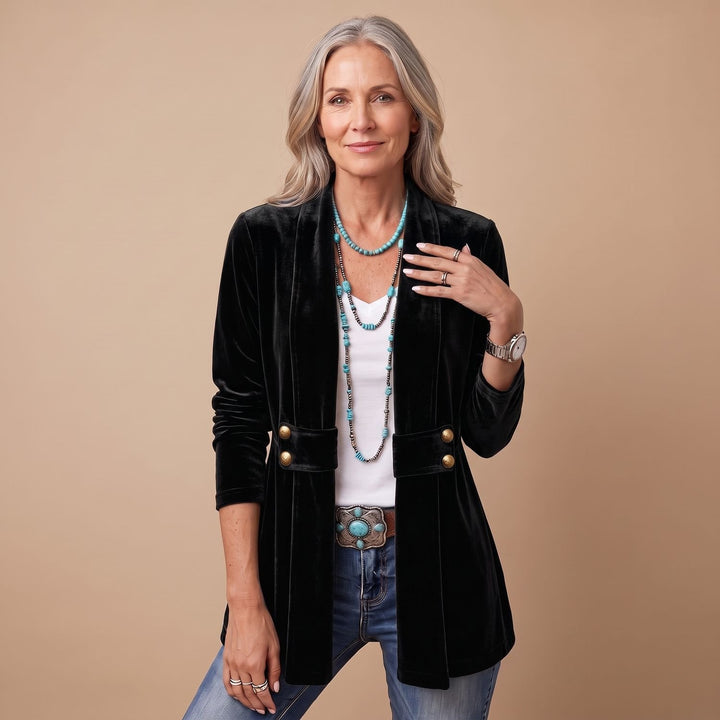 Women's Velvet Open-Front Long Sleeve Button-Tab Blazer Jacket - Black