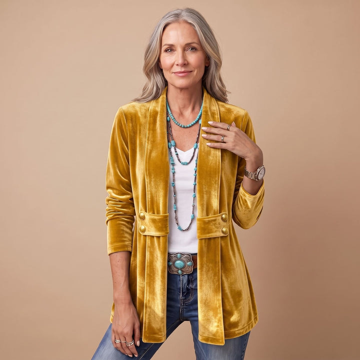 Women's Velvet Open-Front Long Sleeve Button-Tab Blazer Jacket - Gold