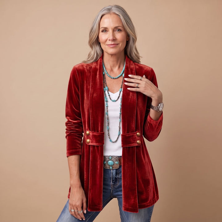 Women's Velvet Open-Front Long Sleeve Button-Tab Blazer Jacket - Red