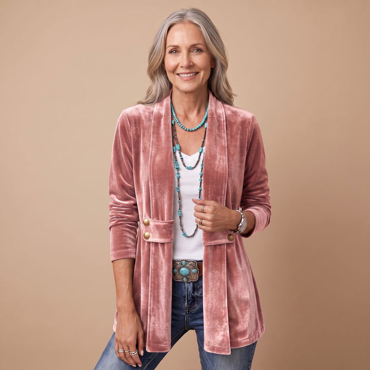 Women's Velvet Open-Front Long Sleeve Button-Tab Blazer Jacket - Pink