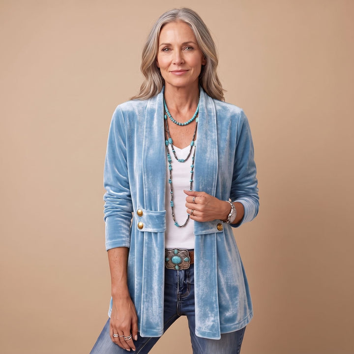 Women's Velvet Open-Front Long Sleeve Button-Tab Blazer Jacket - Sky Blue