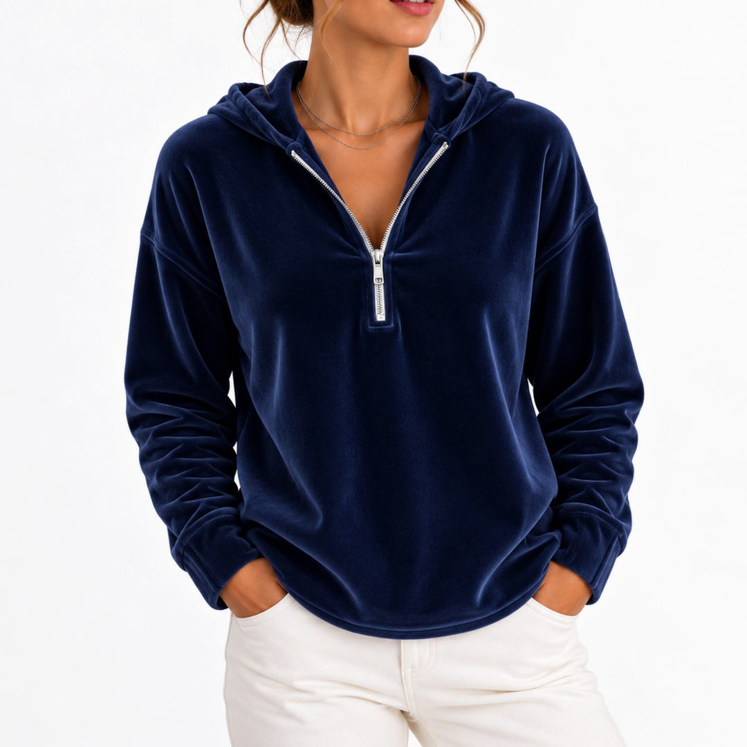 Women's Velvet Quarter-Zip Long Sleeve Hooded Pullover - Navy