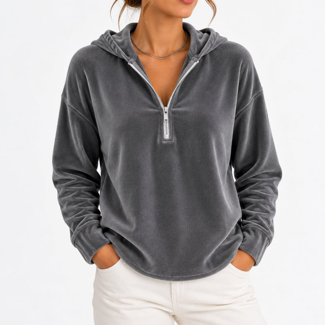 Women's Velvet Quarter-Zip Long Sleeve Hooded Pullover - Gray