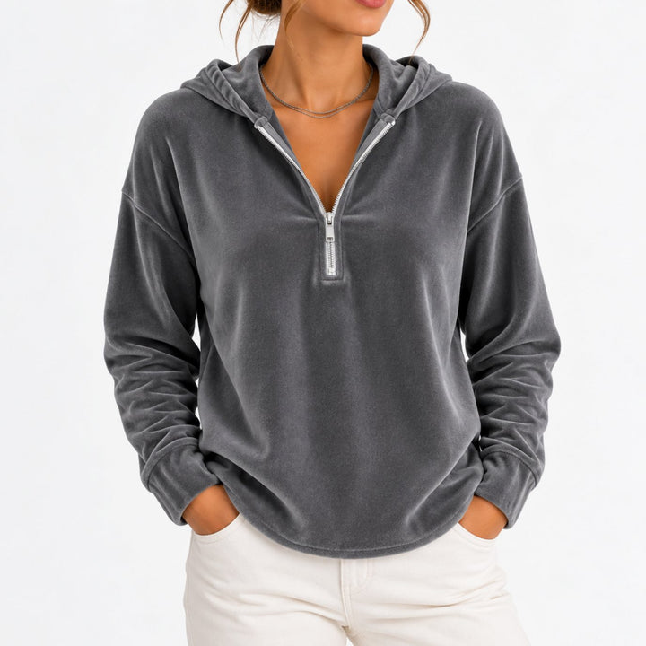 Women's Velvet Quarter-Zip Long Sleeve Hooded Pullover - Gray