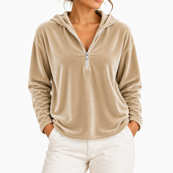 Women's Velvet Quarter-Zip Long Sleeve Hooded Pullover - Beige