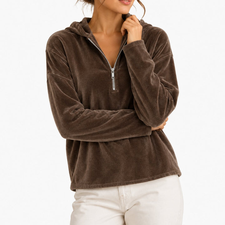 Women's Velvet Quarter-Zip Long Sleeve Hooded Pullover - Brown