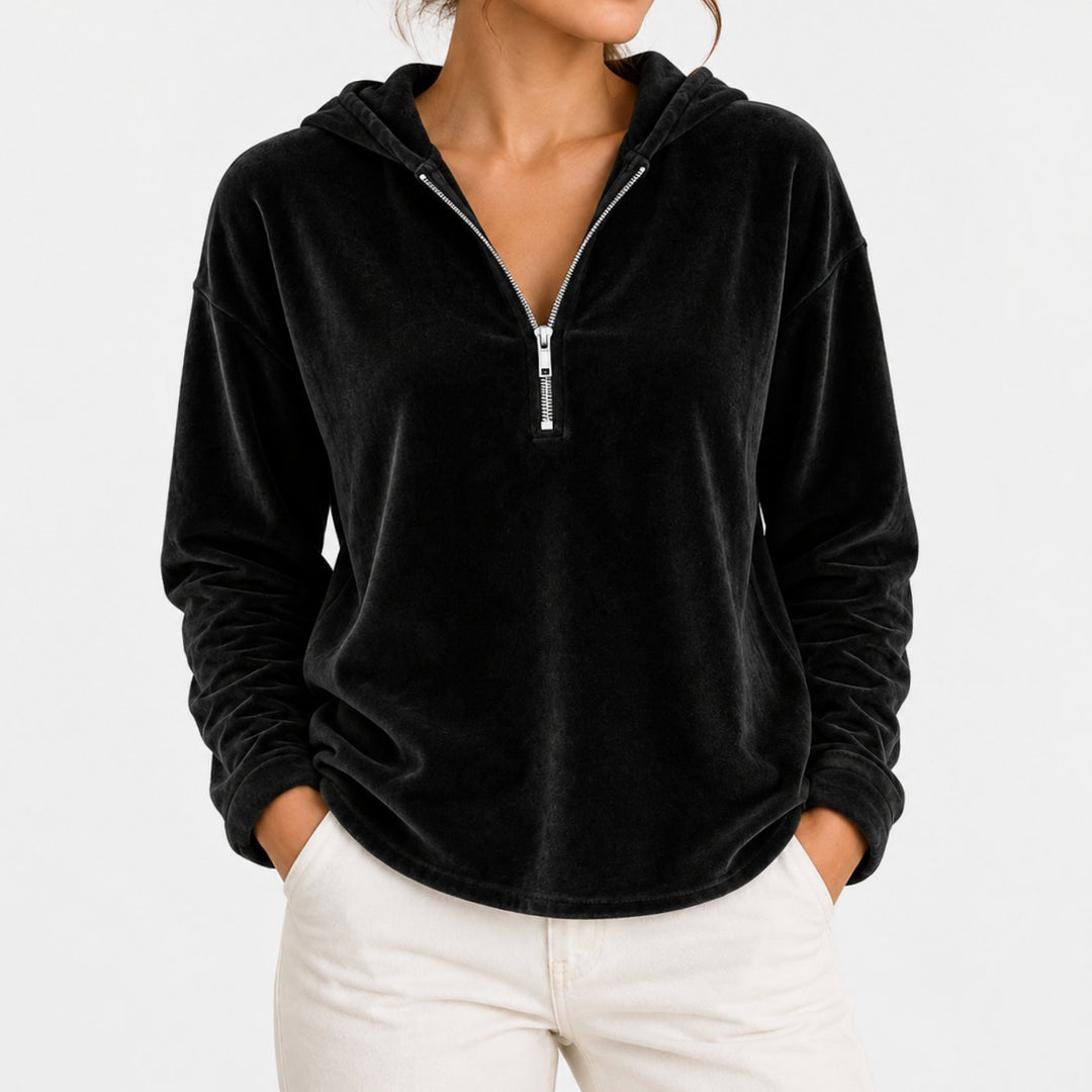 Women's Velvet Quarter-Zip Long Sleeve Hooded Pullover - Black