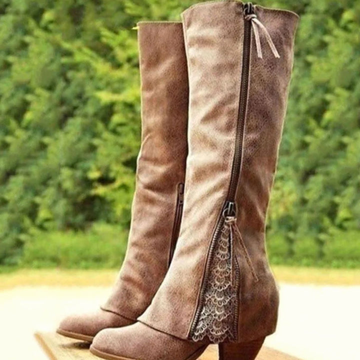 Women's Vintage Lace-Trim Side-Zip Knee High Boots Block Heel - Brown