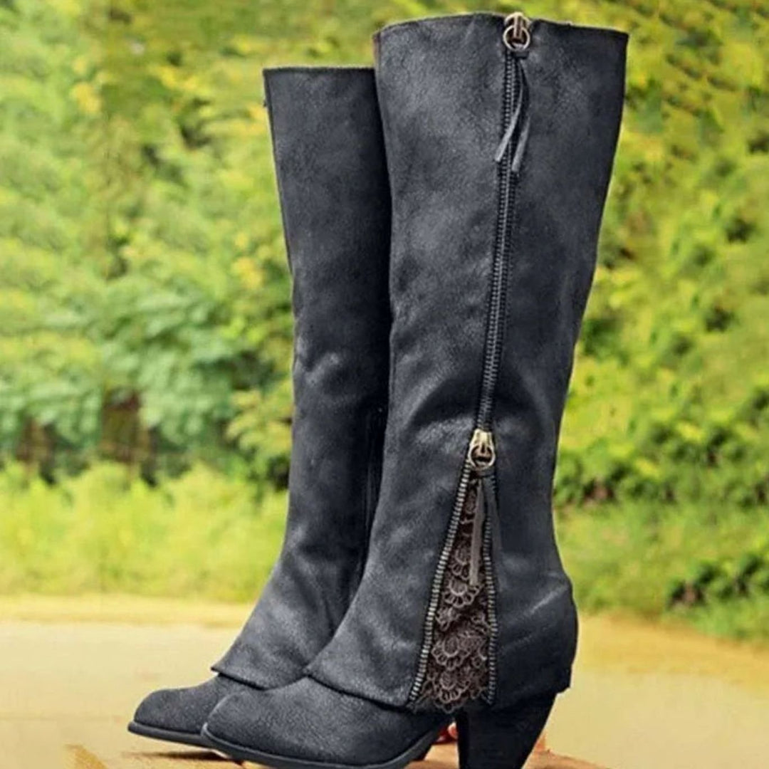 Women's Vintage Lace-Trim Side-Zip Knee High Boots Block Heel - Black