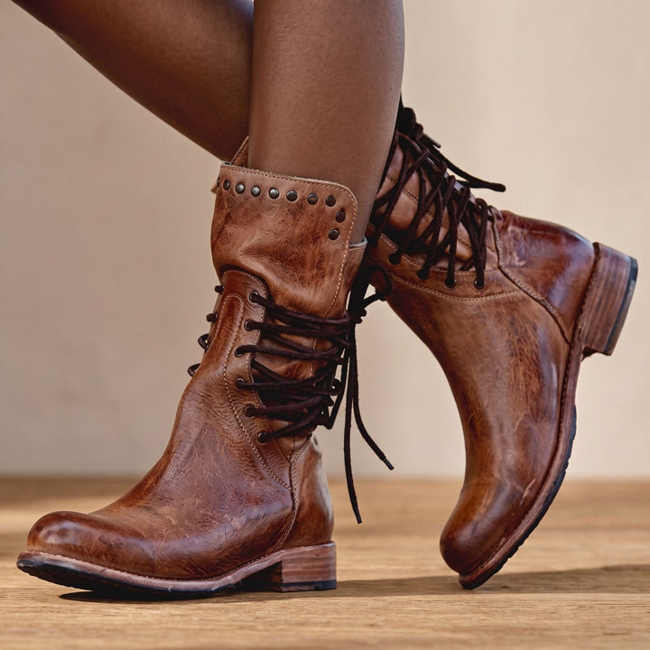 Women's Vintage Lace-Up Studded Mid-Calf Boots - Brown