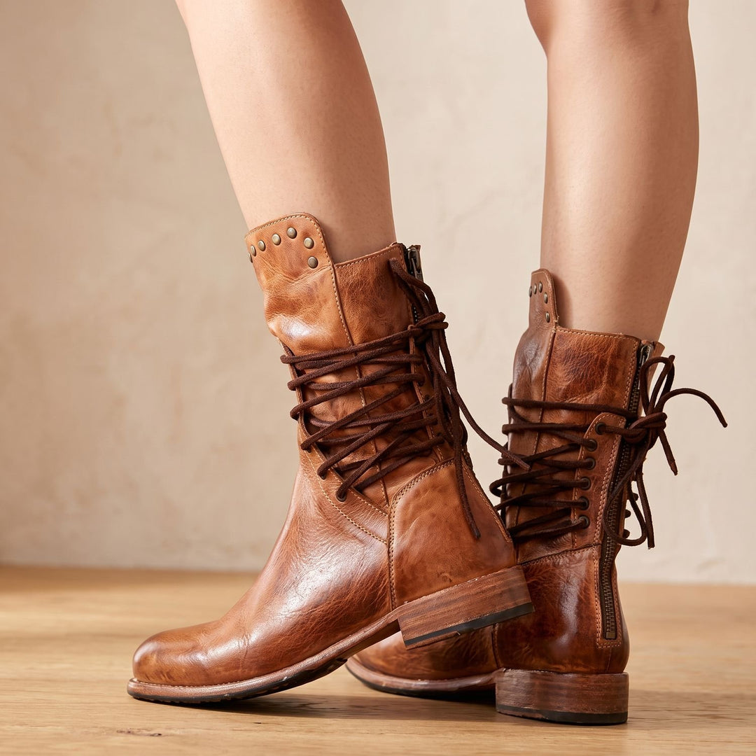 Women's Vintage Lace-Up Studded Mid-Calf Boots
