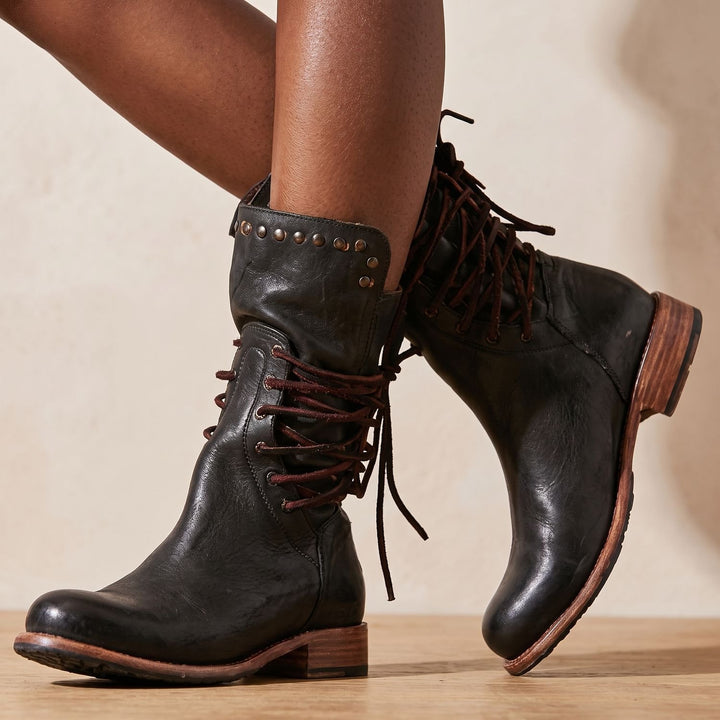 Women's Vintage Lace-Up Studded Mid-Calf Boots - Black