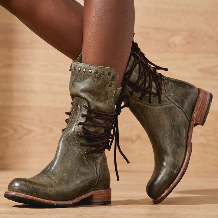 Women's Vintage Lace-Up Studded Mid-Calf Boots - Gray