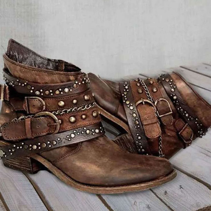 Women's Vintage Studded Buckle-Strap Western Ankle Boots