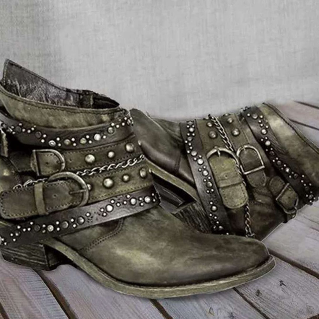 Women's Vintage Studded Buckle-Strap Western Ankle Boots