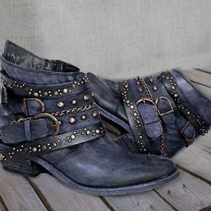 Women's Vintage Studded Buckle-Strap Western Ankle Boots