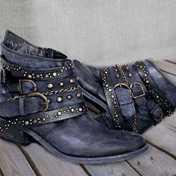 Women's Vintage Studded Buckle-Strap Western Ankle Boots - Blue