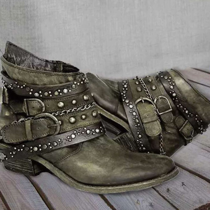 Women's Vintage Studded Buckle-Strap Western Ankle Boots - Green