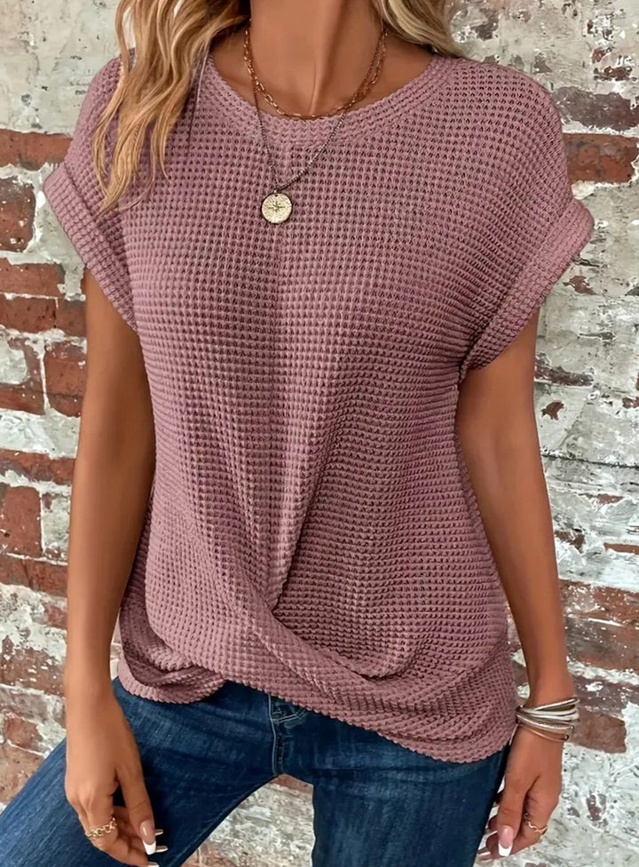 Women's Waffle-Knit Twisted-Hem Cap-Sleeve Sweater Top - Pink