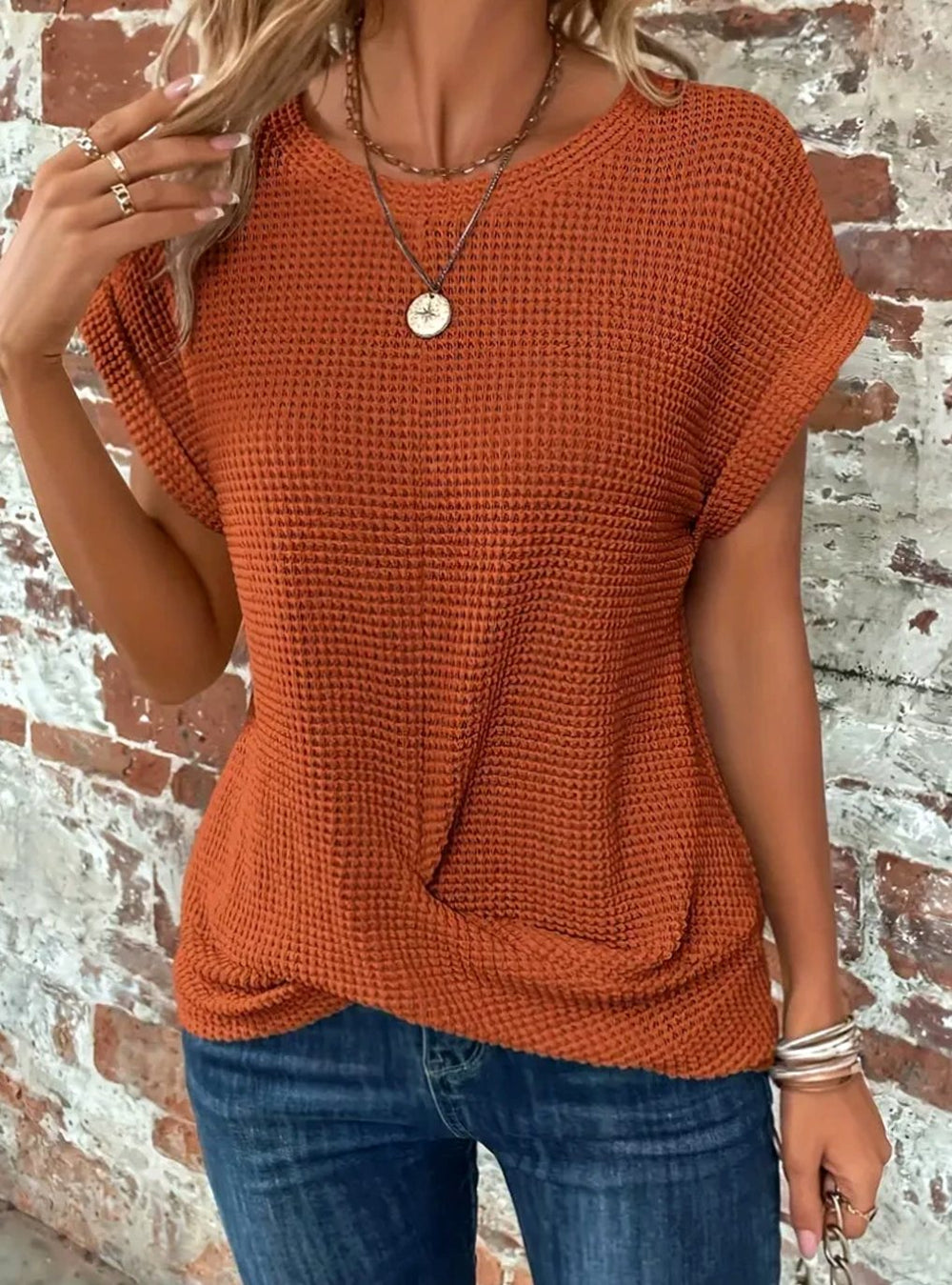 Women's Waffle-Knit Twisted-Hem Cap-Sleeve Sweater Top - Orange