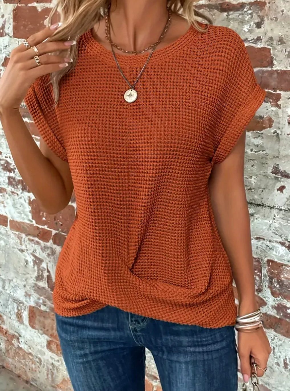 Women's Waffle-Knit Twisted-Hem Cap-Sleeve Sweater Top - Orange