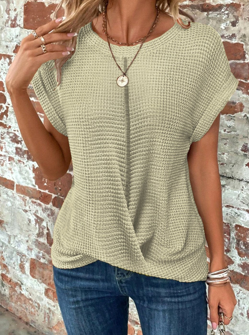 Women's Waffle-Knit Twisted-Hem Cap-Sleeve Sweater Top - Light Green