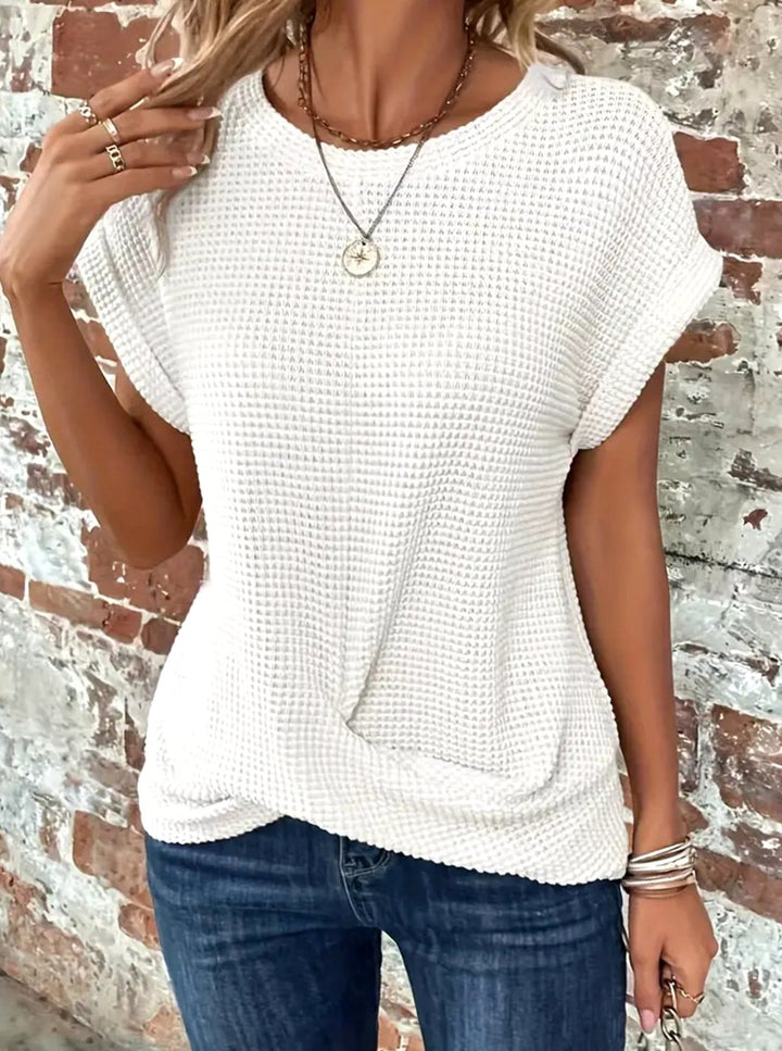 Women's Waffle-Knit Twisted-Hem Cap-Sleeve Sweater Top - White