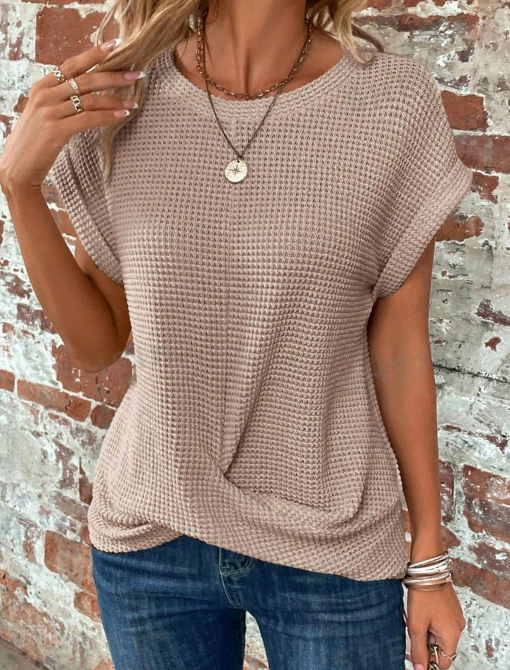 Women's Waffle-Knit Twisted-Hem Cap-Sleeve Sweater Top - Khaki