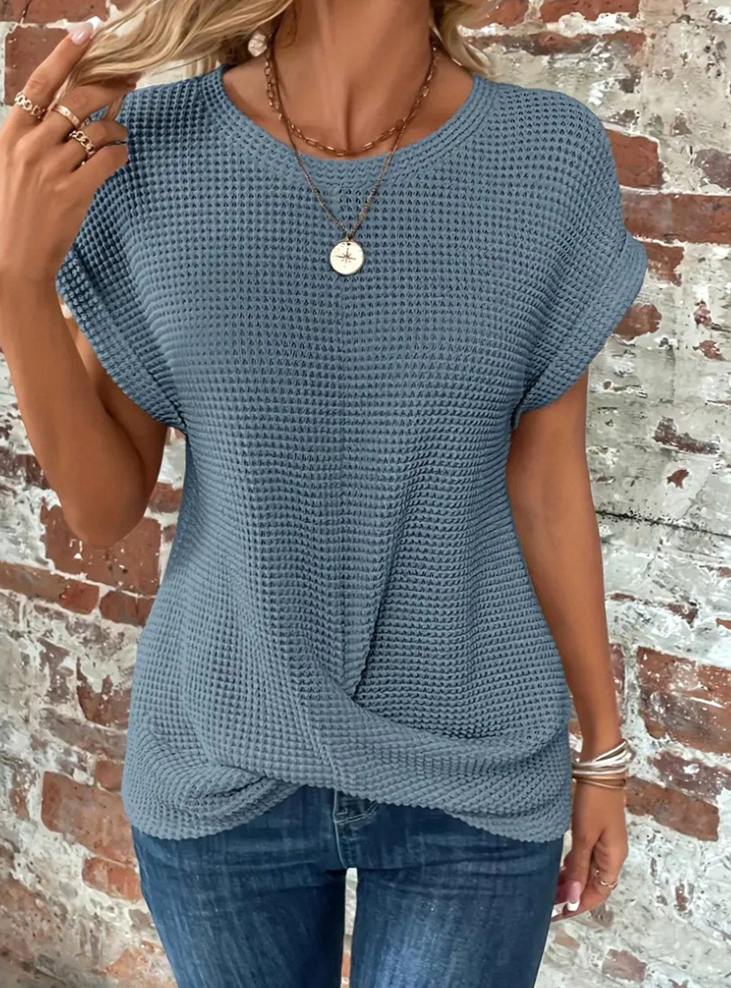 Women's Waffle-Knit Twisted-Hem Cap-Sleeve Sweater Top - Blue