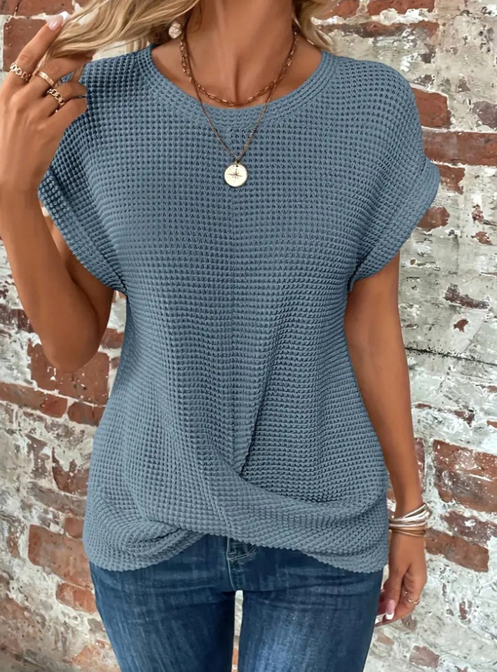 Women's Waffle-Knit Twisted-Hem Cap-Sleeve Sweater Top - Blue